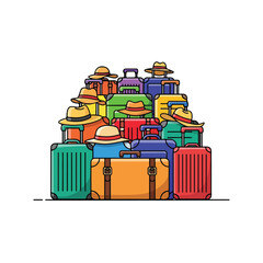 Colorful Suitcases and Hats Stacked Together.