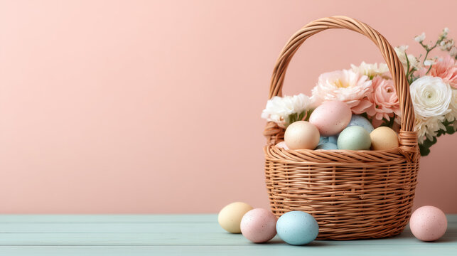 Easter basket on pastel background with empty space