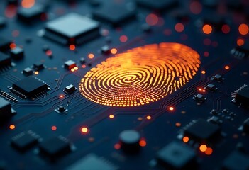 Glowing fingerprint on circuit board symbolizes cybersecurity, digital identity verification, biometric authentication, AI innovation, data protection, encryption, futuristic technology.