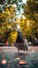 Obraz premium Pigeon standing on city pavement with autumn trees background