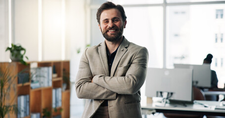 Fototapeta premium Crossed arms, happy and portrait of businessman in office with confidence for finance career. Smile, professional and male financial manager with pride for investment proposal at workplace in Germany