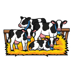 Cows Standing and Lying in Barn.
