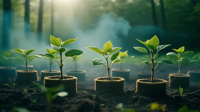 Young green seedlings thriving in peat pots on rich forest soil under soft sunlight and mist, symbolizing new life and environmental care b roll for advertising and news