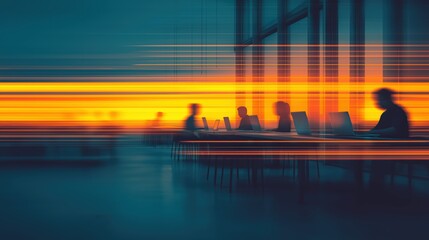 Abstract digital rendering showing blurred silhouettes of business people working on laptops with orange light trails symbolizing data speed