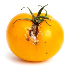 Rotten yellow tomato shows mold and decay, with green stem atop, isolated on white, exhibiting spoilage details