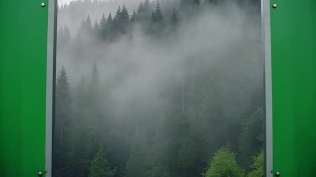 Serene Mountain Forest Landscape with Thick Fog and Coniferous Trees Framed by a Green Border