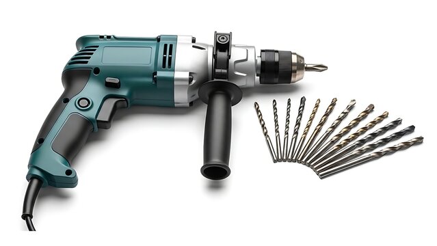 Corded Power Drill With Drill Bits Close Up.