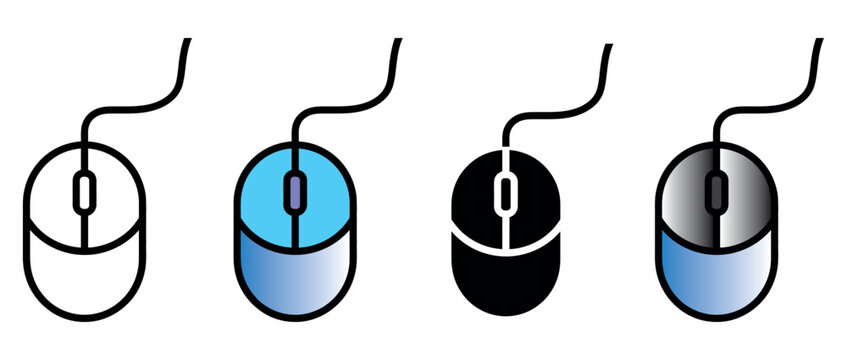 Diverse set of wired computer mouse icons in outline, filled, and gradient styles