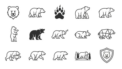 Fototapeta premium Collection of stylized bear icons and illustrations in various poses.