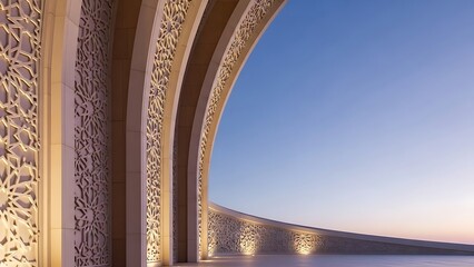 Elegant Arches with Ornate Carvings and Serene Sky View.