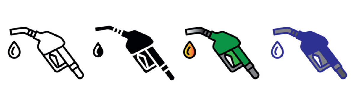 Fuel pump nozzle icon set displaying various styles of gasoline dispenser with drop