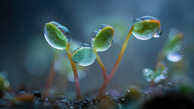 Early Life Emergence: Captivating close-up of young sprouts adorned with glistening dewdrops, a testament to the marvels of germination and the inception of life.
