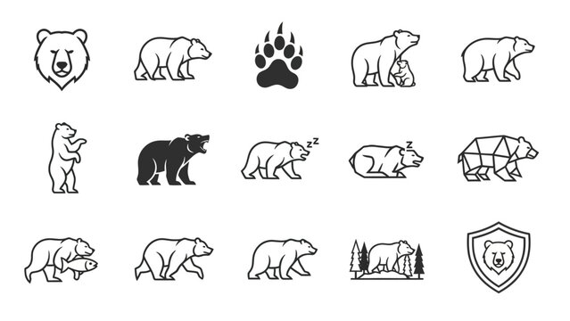 Collection of stylized bear icons and illustrations in various poses.