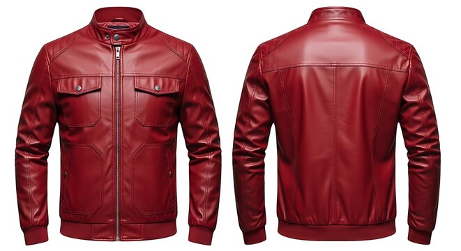 Red leather bomber jacket for men, front and back view on white background