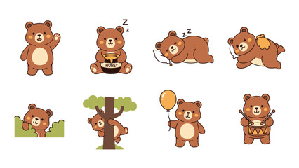 Cute cartoon bear illustrations in various poses and activities. © Yooo