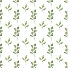 Obraz premium Seamless background, floral minimalistic pattern with watercolor green leaves. Repeat fabric wallpaper print texture. Perfectly for wrapped paper, backdrop, frame or border.