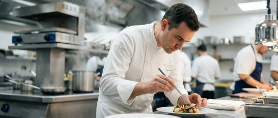 A professional chef meticulously preparing a gourmet dish in a modern kitchen, focusing on every detail