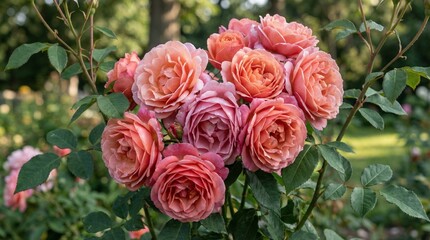 Cluster of blooming pink roses filling the frame in the vast field