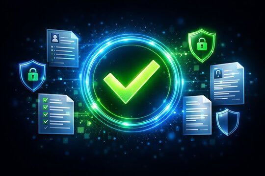 Secure data verification process with encrypted documents and shield icons