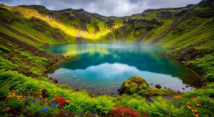 Obraz premium Volcanic crater lake with vibrant turquoise water surrounded by lush green mountains and colorful wildflowers. Ancient landscape, ecosystem concept.