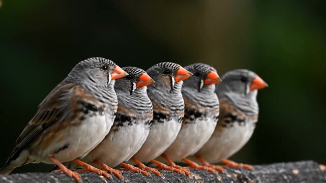 Five finches perched side by side.
