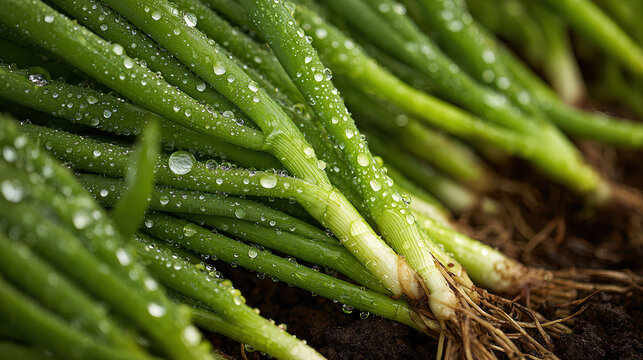 Fresh Onions and Morning Dew: Close-up of verdant green onions, glistening with refreshing water droplets, evoking freshness and vitality, roots showing.