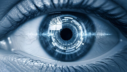 Human eye close-up features glowing blue digital interface ring symbolizing biometric security and cyber vision