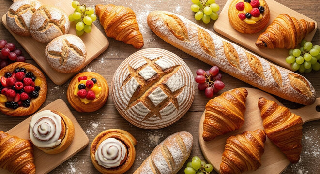 Delicious assortment of freshly baked bread and pastries including croissants baguettes sourdough rolls and fruit tarts arranged on rustic wooden table - Powered by Adobe