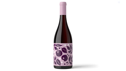 Obraz premium Elegant dark glass wine bottle with a unique abstract pattern label featuring purple fruits on a light pink background