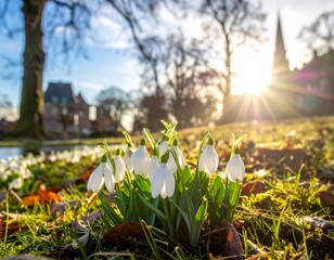 Snowdrops cluster in a park with bright sun flare over a church. Autumn leaves, trees, and buildings are in the background