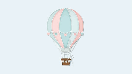 Fototapeta premium Pastel Hot Air Balloon Illustration Isolated on Light Blue Background.