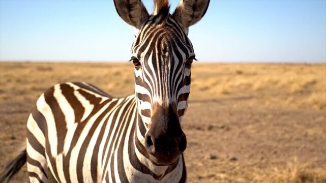 A close-up portrait of a zebra standing in a vast savannah landscape under a clear blue sky