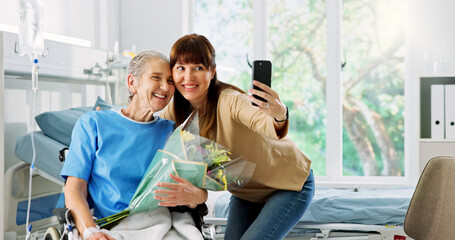 Selfie, flowers and woman with mother in hospital for memory, bonding and gift for surgery...