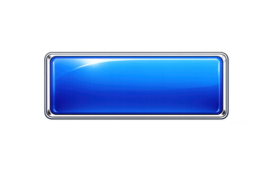 Blue rectangular glossy button with metallic frame, shiny web interface element for design, transparent background