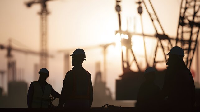 Teamwork at Dusk Construction Crew Silhouetted Against a Warm Sunset Industrial Scene