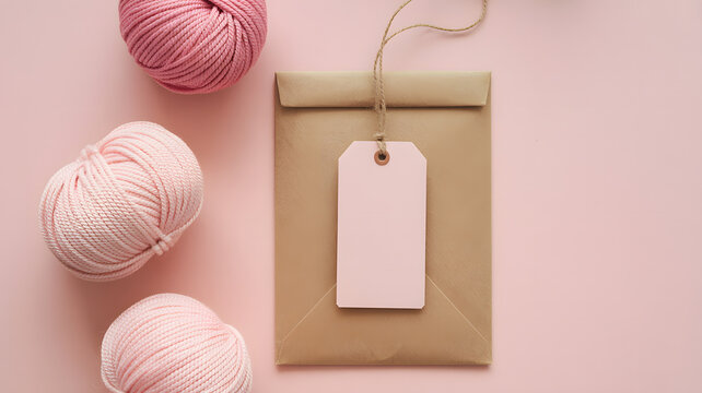 Soft pastel pink yarn balls and a blank kraft paper gift tag with ribbon on a pale pink background for crafting or gifting