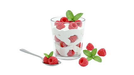 Raspberry and cream dessert in a glass with spoon
