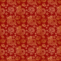 Elegant Red and Gold Oriental Pattern with Dragons and Flowers for Traditional and Modern Design Projects