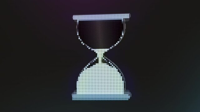 Minimalistic digital hourglass animation composed of glowing dots, illustrating time management, data depletion, process duration, and the finite nature of digital resources.