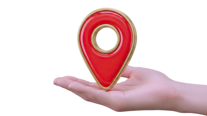 Hand holding a red and gold location pin