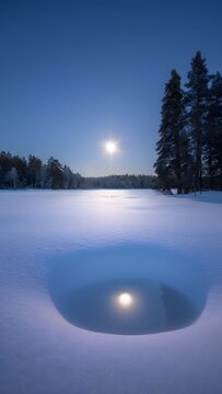 A serene winter scene with a bright moon hanging over a snowy landscape reflecting on a calm lake