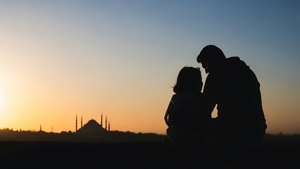 Father and daughter silhouette at sunset with mosque in background.