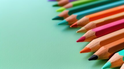 Fototapeta premium Colorful pencils arranged in a row on a green background for artistic and educational design concepts
