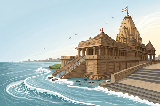 Somnath Temple clean stone tones, ocean waves as smooth curves