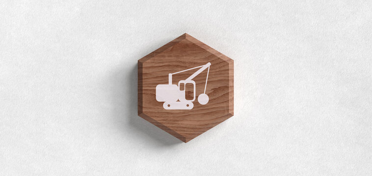 Baustelle Bagger Icon auf Holz Hexagon Baumaschine Symbol f&uuml;r Bau und Industrie Header Banner