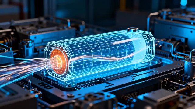 Cylindrical device with blue wireframe and colorful light flow in industrial environment