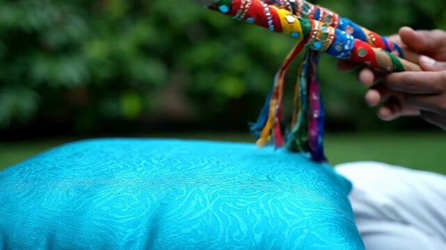 Closeup Of Traditional Colorful Dandiya Sticks Being Held Over A Textured Teal Cushion During Outdoor Daytime Festivities With Green Blurred Background