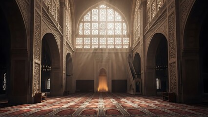 Obraz premium Sunlit Interior of an Ancient, Empty Church with Arched Windows and Ornate Carpet.
