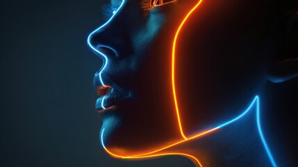Obraz premium Woman's profile lit by colorful neon lights creating vibrant patterns in a dark setting