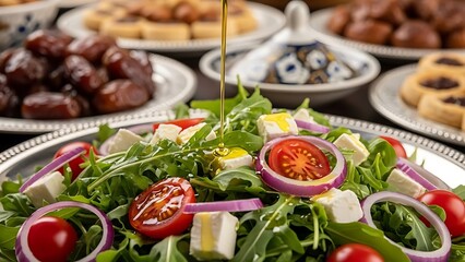 Fresh Arugula Salad with Feta, Tomatoes, and Red Onion, Drizzled with Dressing.